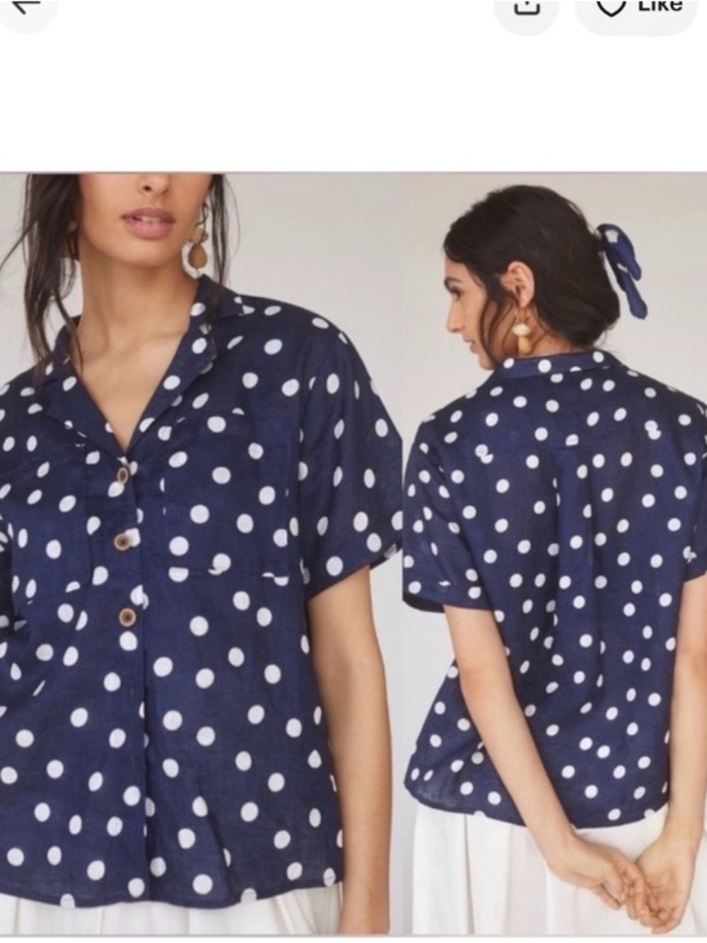 Maeve by Anthropologie Navy Polka Dot Linen Blouse Size Small